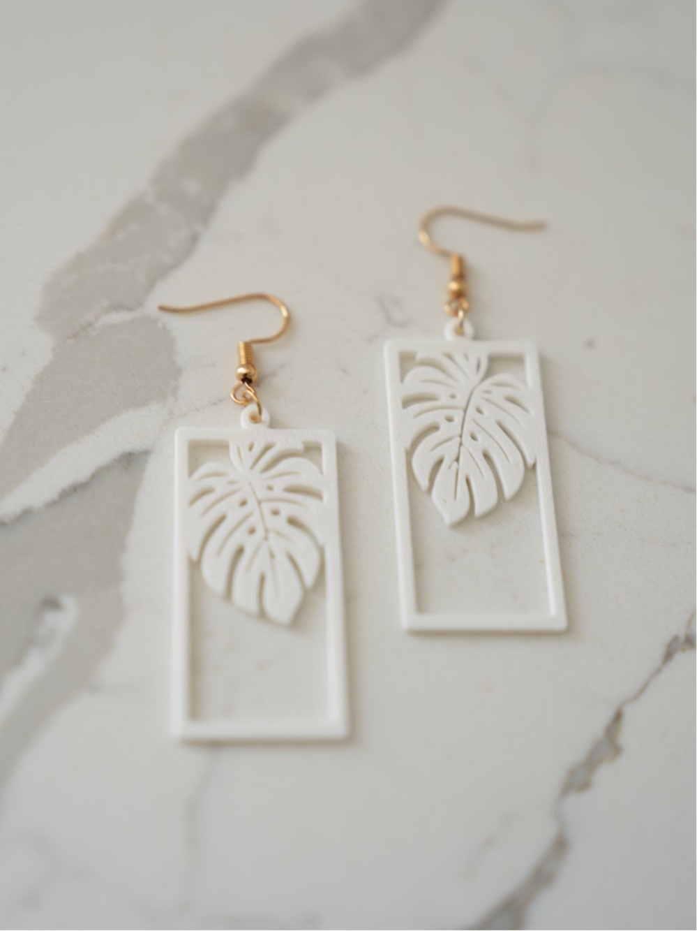 White Monstera Leaf Rectangle Drop Earrings by